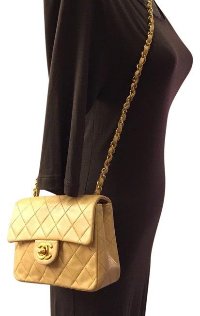 Chanel Classic Quilted Mini Flap Beige Leather Cross Body Bag 