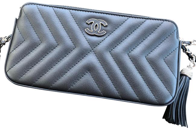 Chanel Clutch On with Silver Hardware Black Calfskin Leather Cross Body Bag 