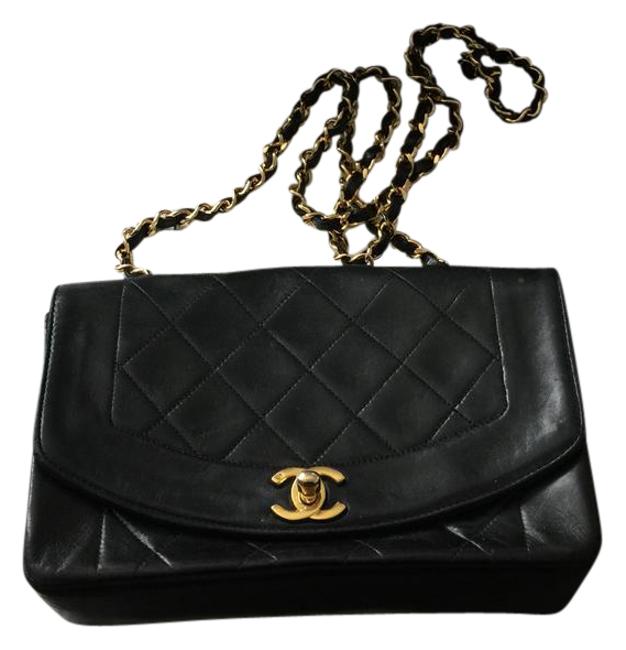Chanel Diana Quilted Flap Black Lambskin Leather Cross Body Bag 
