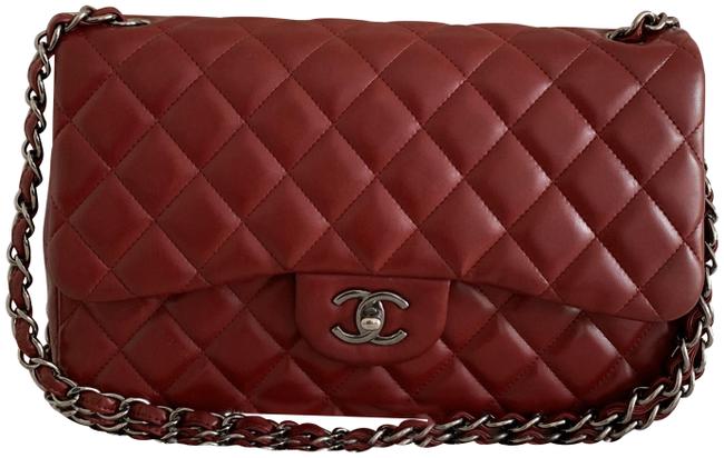 Chanel Double Flap Classic Jumbo Red Lambskin Leather Cross Body Bag 
