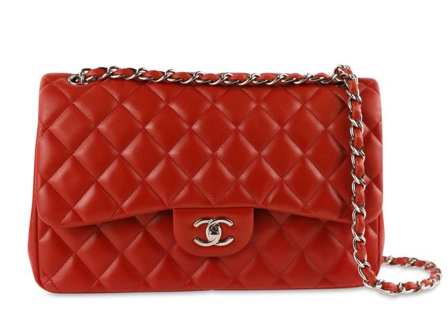 Chanel Double Flap Jumbo Red Calfskin Leather Cross Body Bag 