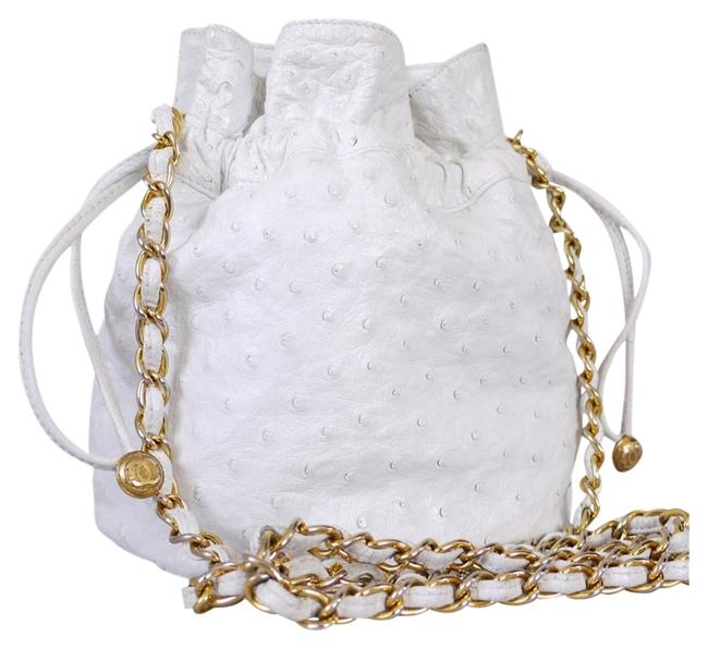 Chanel Shoulder Draw String Vintage White Ostrich Cross Body Bag 