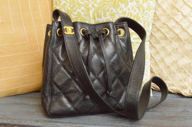 Chanel Bucket Shoulder Drawstring Black Caviar Leather Cross Body Bag 