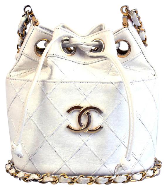 Chanel Drawstring Bucket White Lambskin Cross Body Bag 
