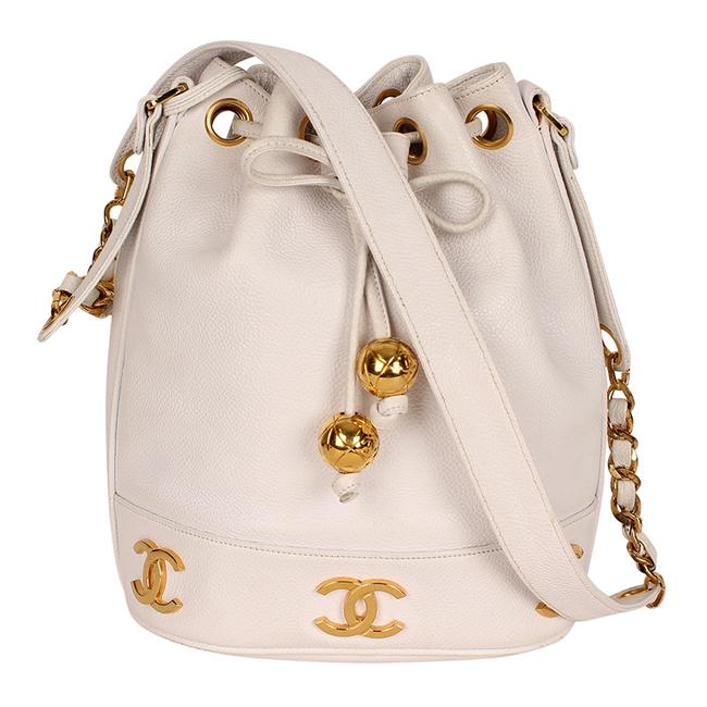 Chanel Drawstring Caviar 6637 White Leather Cross Body Bag 