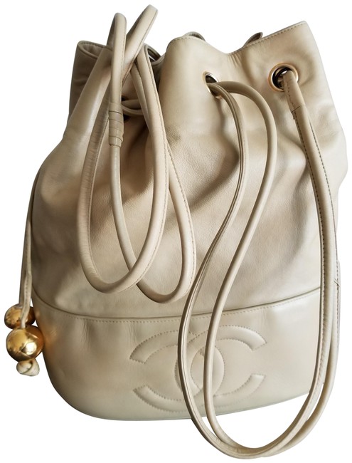 Chanel Drawstring Ivory Beige Calfskin Leather Cross Body Bag 