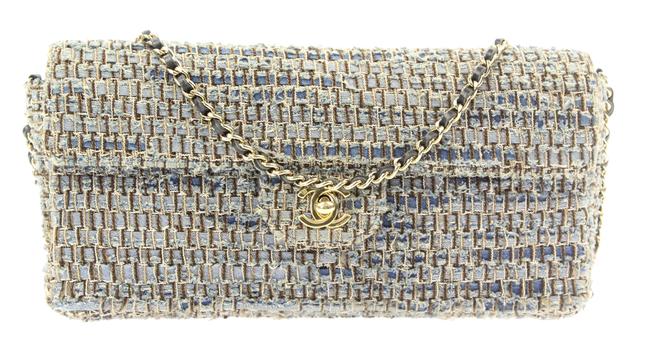 Chanel East West Denim Flap Blue Tweed Cross Body Bag 