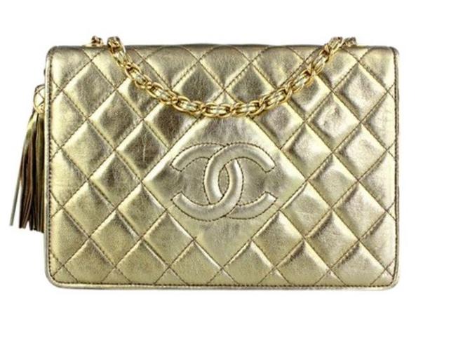 Chanel Flap with Tassel Metallic Gold Calfskin Leather Cross Body Bag 
