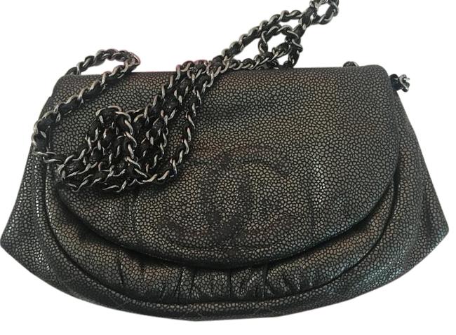 Chanel Half Moon Wov Grey Dark Silver Metallic Leather Cross Body Bag 