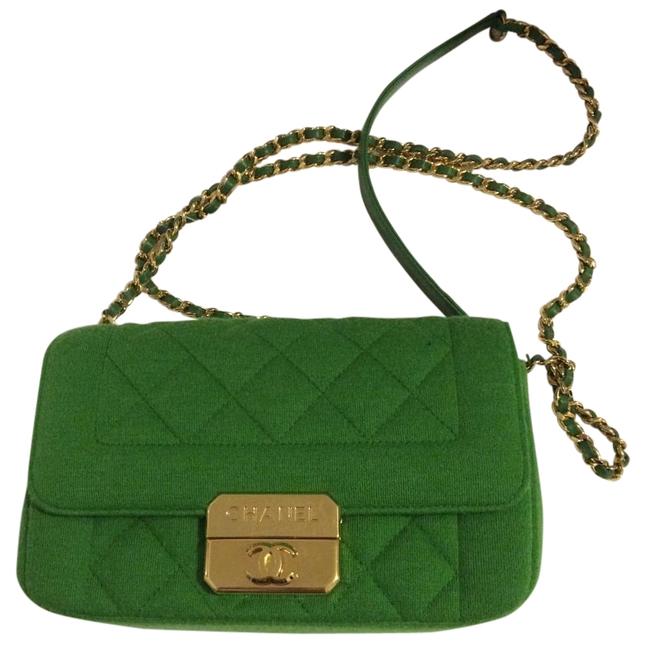 Chanel Jersey Flap Style #97327 Green Fabric Cross Body Bag 