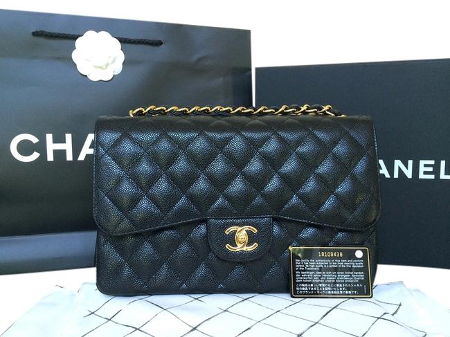 Chanel Double Flap Large Black Caviar Leather Cross Body Bag 