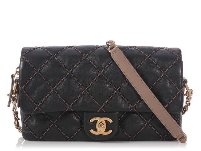 Chanel Medium Large Duo Flap Black Calfskin Leather Cross Body Bag 