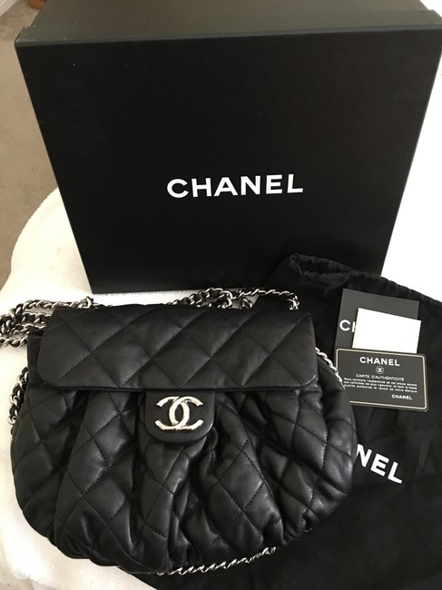 Chanel Messenger Chain Around Medium Size Black Aged Lambskin Cross Body Bag 