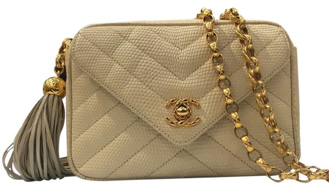 Chanel Mini Classic Gold Chain Hardware Cream Iguana Leather Cross Body Bag 