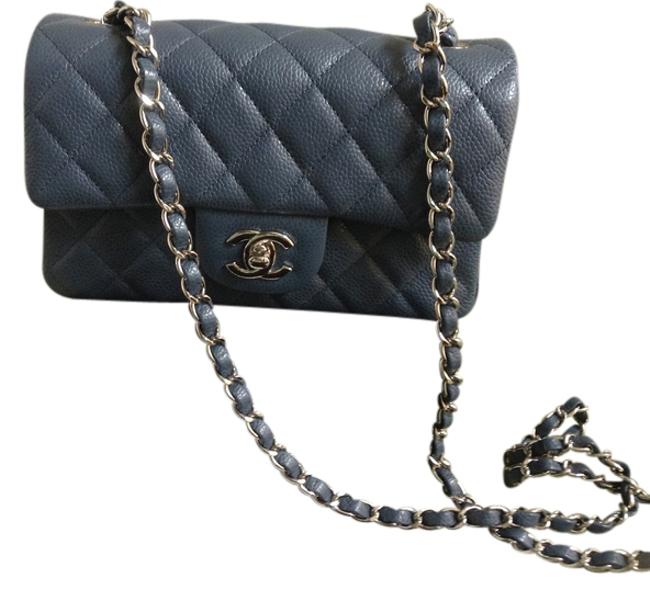 Chanel Mini Flap Rectangle Blue Gray Caviar Leather Cross Body Bag 