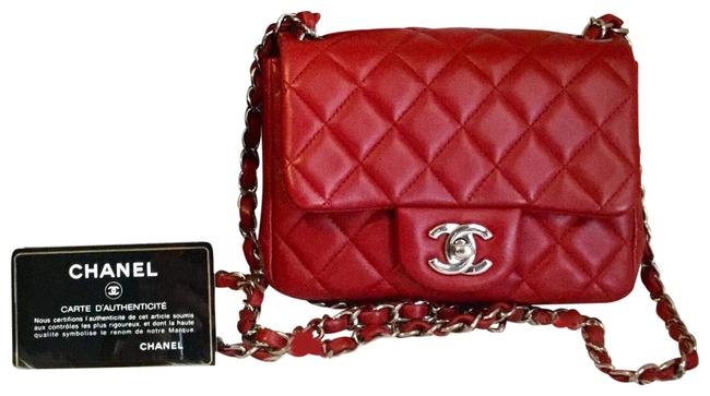 Chanel Mini Square Flab Red Lambskin Leather Cross Body Bag 