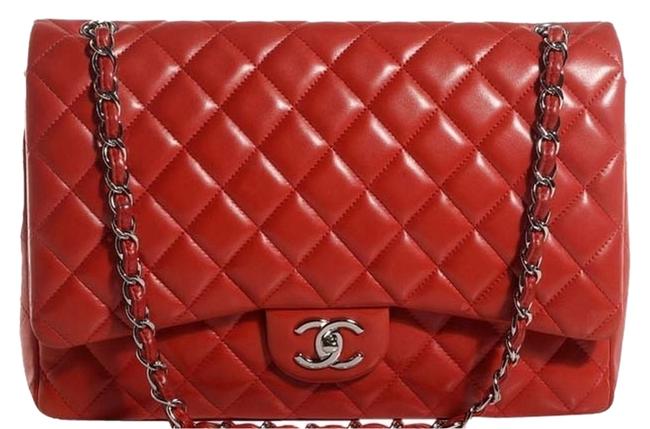 Chanel Double Flap Orange Red Maxi Classic Fire Orange Lambskin Cross Body Bag 