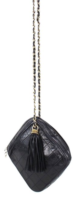 Chanel Quilted Black Leather Gold Tassel Chain Cross Body Bag 
