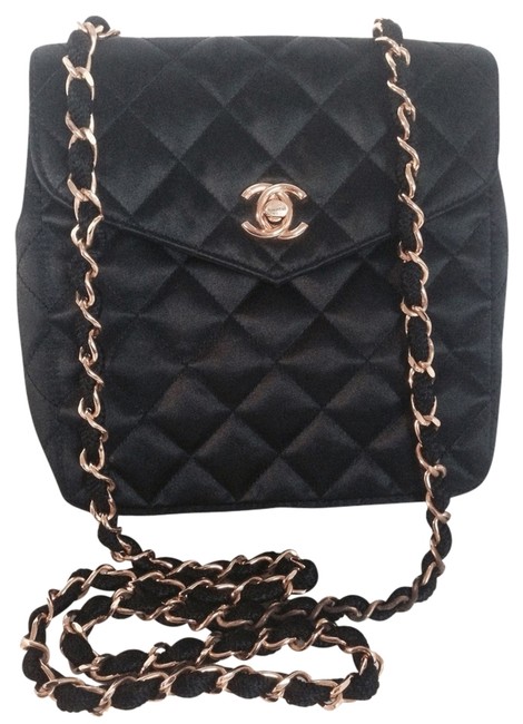 Chanel Quilted Mini Satin Flap with Gold Chain Black Cross Body Bag 
