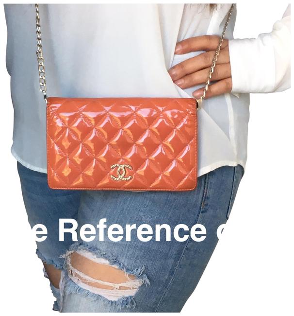 Chanel Quilted Salmon with Pink Interior Patent Leather Cross Body Bag 