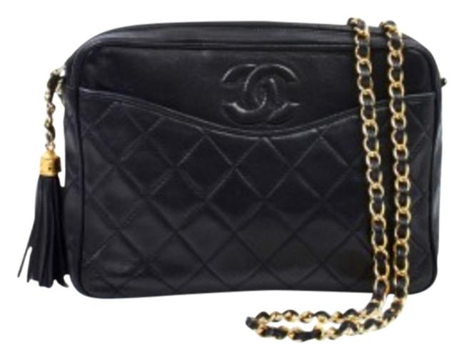 Chanel Shoulder Quilted Tassel Black Lambskin Cross Body Bag 