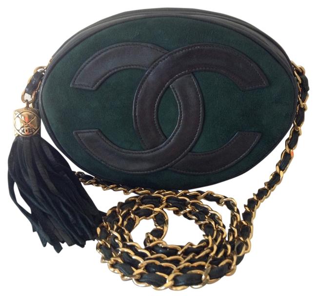 Chanel Rare Vintage Oval Cc Green Leather Suede Cross Body Bag 