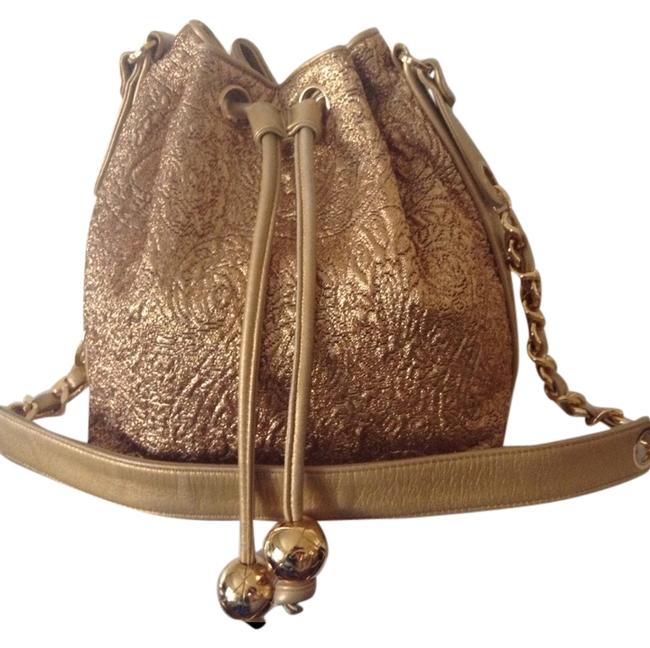 Chanel Bucket Sale Rare Vintage Gold Leather Brocade Cross Body Bag 