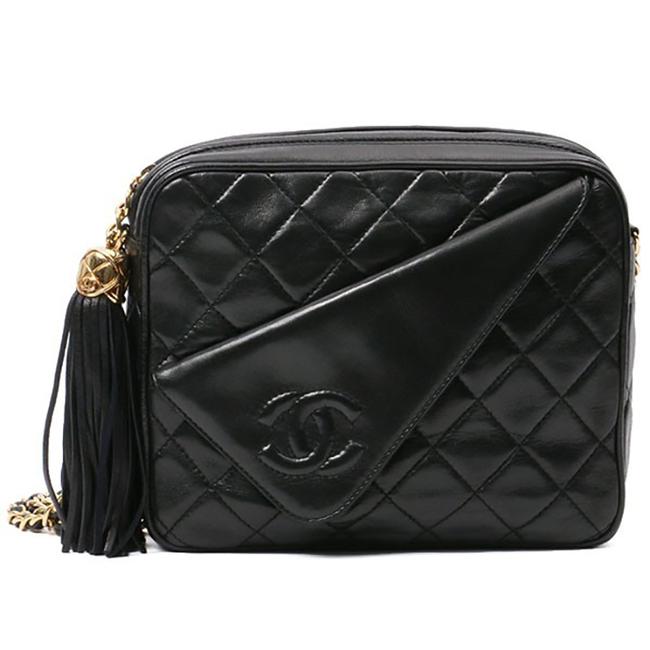 Chanel Shoulder Camera Quilted Tassel Black Lambskin Leather Cross Body Bag 