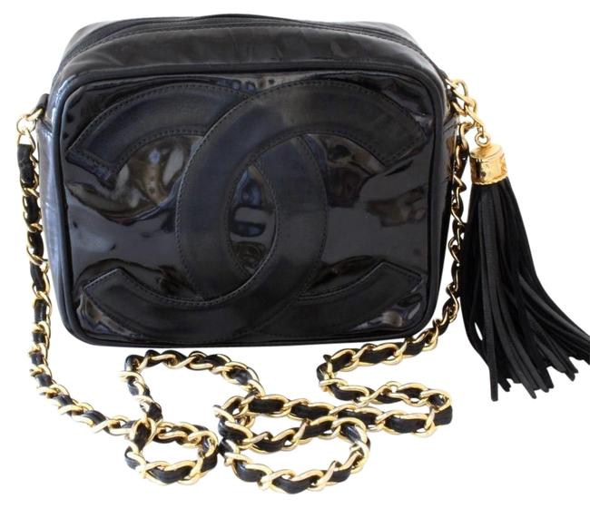 Chanel Signature Big Cc Logo Tassel Gold Black Patent Leather Cross Body Bag 