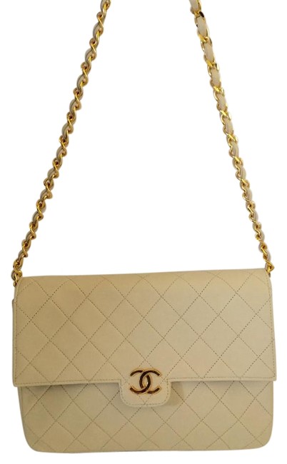 Chanel Single Flap Beige Lambskin Leather Cross Body Bag 