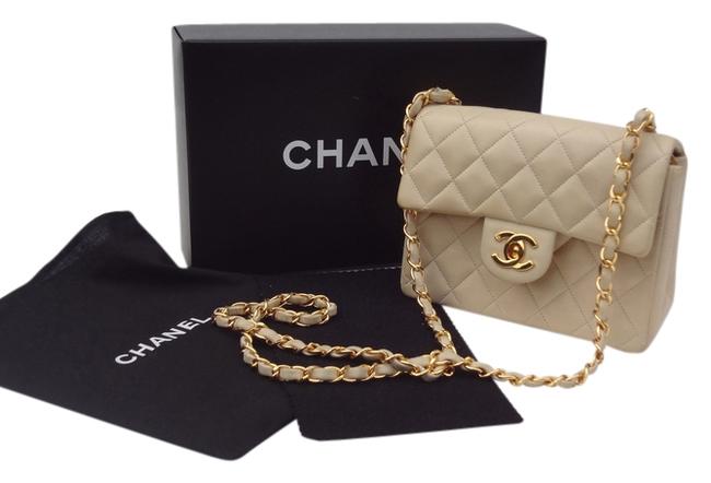 Chanel Square Mini Flap Lambskin Quilted Cream Leather Cross Body Bag 