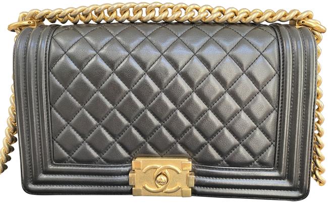 Chanel Tote Boy Le Medium Flapbag Black Lambskin Leather Cross Body Bag 