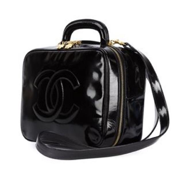 Chanel Vanity Case Box Embossed Cc Logo Lunch Black Patent Leather Cross Body Bag 
