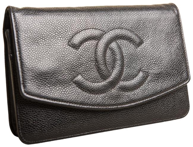 Chanel Vintage Caviar Logo Black Pebbled Leather Cross Body Bag 