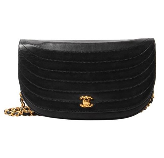 Chanel Shoulder Vintage Half Moon Flap Black Lambskin Leather Cross Body Bag 