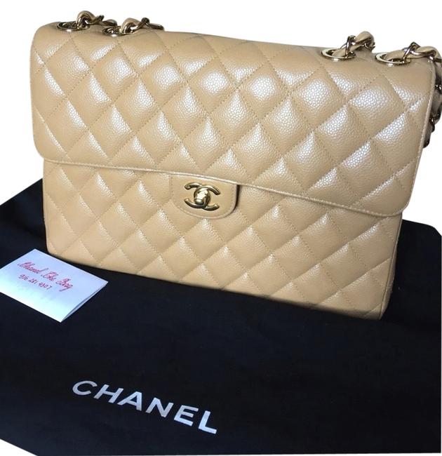 Chanel Vintage Jumbo Beige Caviar Cross Body Bag 