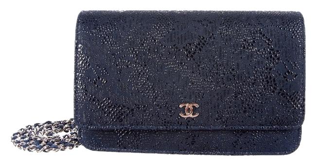 Chanel Wallet on Chain 2014 Sparkly Lace Effect Navy Goatskin Cross Body Bag 