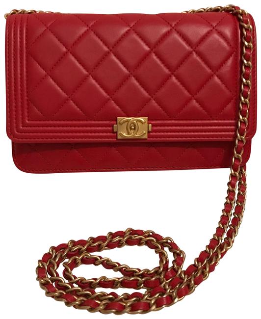 Chanel Wallet on Chain Boy Le Red Lambskin Leather Cross Body Bag 