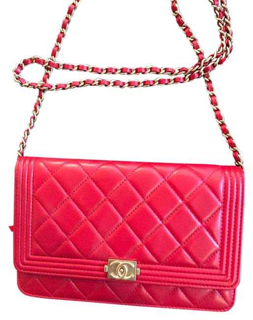 Chanel Boy Wallet on Chain Quilted Lambskin Gold Red Leather Cross Body Bag 