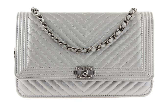 Chanel Boy Wallet on Chain Silver Leather Cross Body Bag 