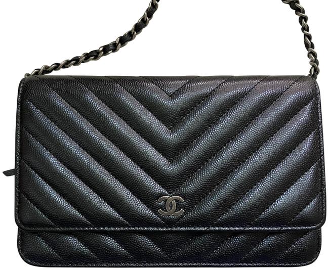 Chanel Wallet on Chain Chevron Black Iridescent Caviar Cross Body Bag 