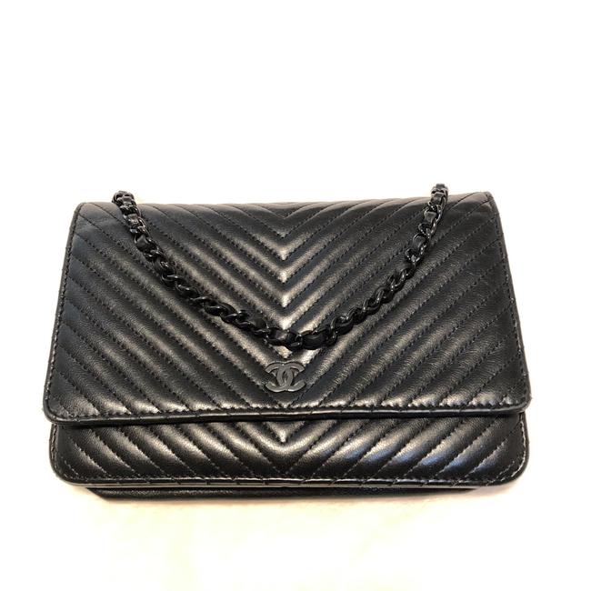 Chanel Wallet on Chain Chevron Black Lambskin Leather Cross Body Bag 