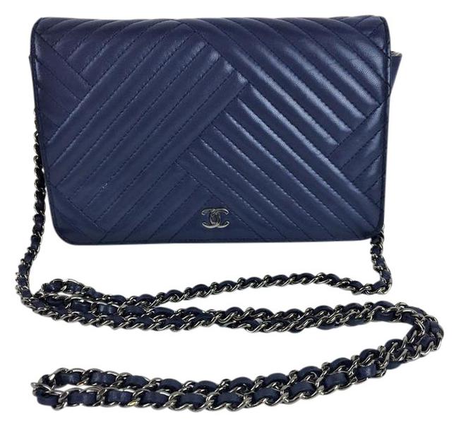 Chanel Wallet on Chain Chevron Woc Navy Blue Lambskin Leather Cross Body Bag 