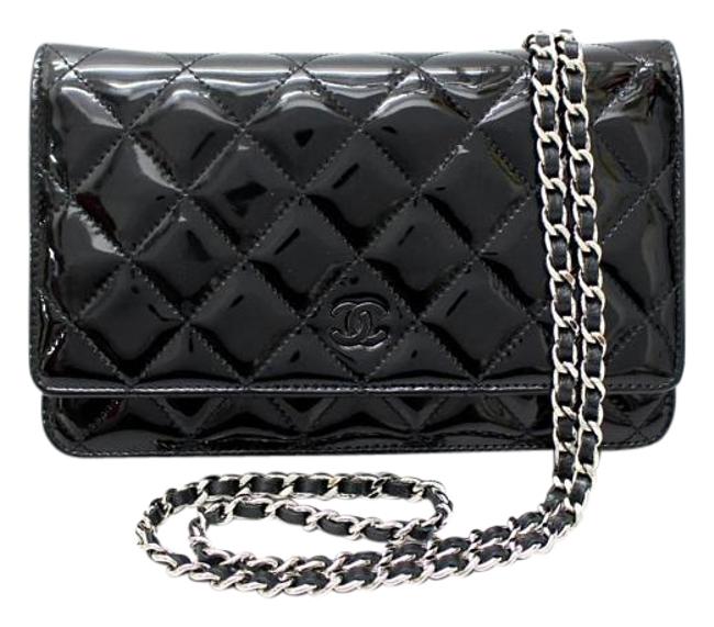 Chanel Wallet on Chain Quilted Woc Black Patent Leather Cross Body Bag 