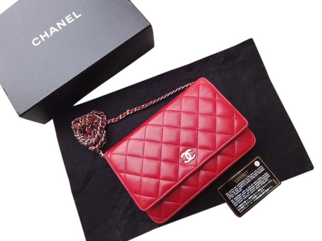 Chanel Wallet on Chain Shoulder Red Lambskin Leather Cross Body Bag 
