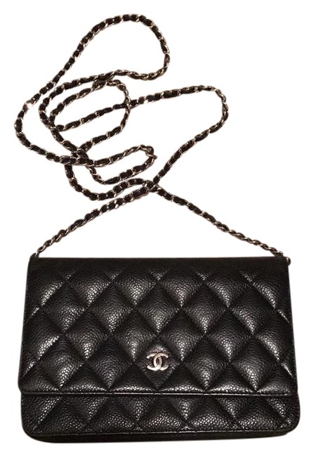 Chanel Wallet on Chain Silver Hardware Black Caviar Leather Cross Body Bag 