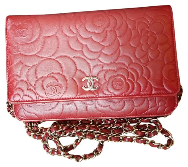 Chanel Wallet on Chain Woc Camellia Red Lambskin Leather Cross Body Bag 