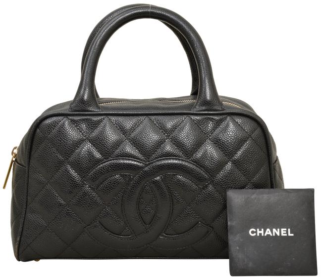 Chanel Top Handle Bag 1075&quot Inch Black Quilted Caviar Leather Satchel 