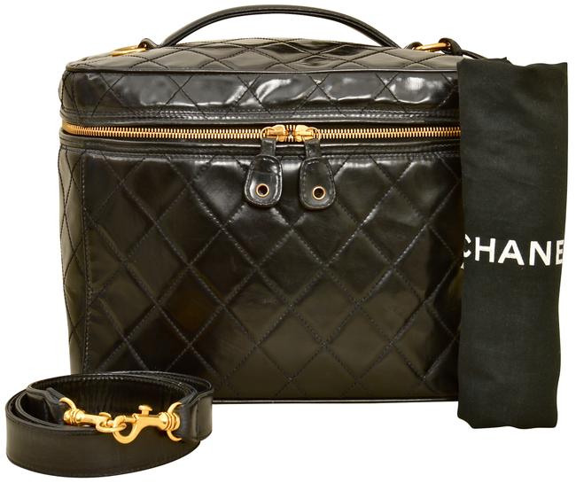 Chanel 12&quot Matelasse Vanity Cosmetic Black Quilted Pvc Rubber Satchel 