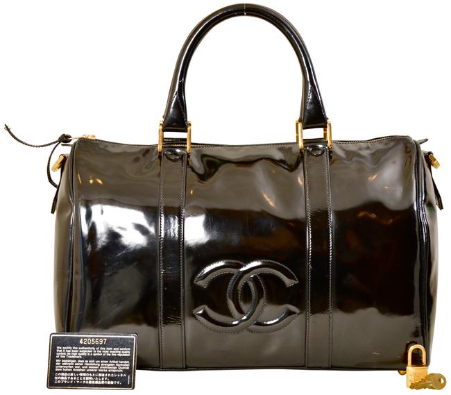 Chanel 14&quot Inch Boston Style Black Patent Leather Satchel 